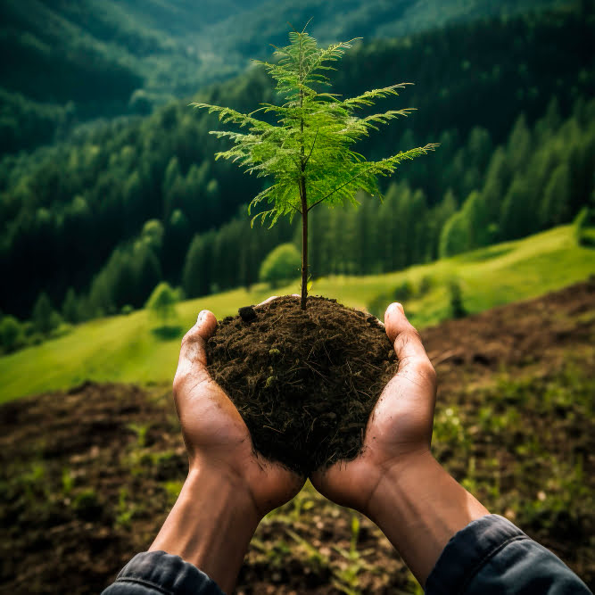 Uma mão segura uma porção de terra com uma árvore crescendo representando consultoria ambiental