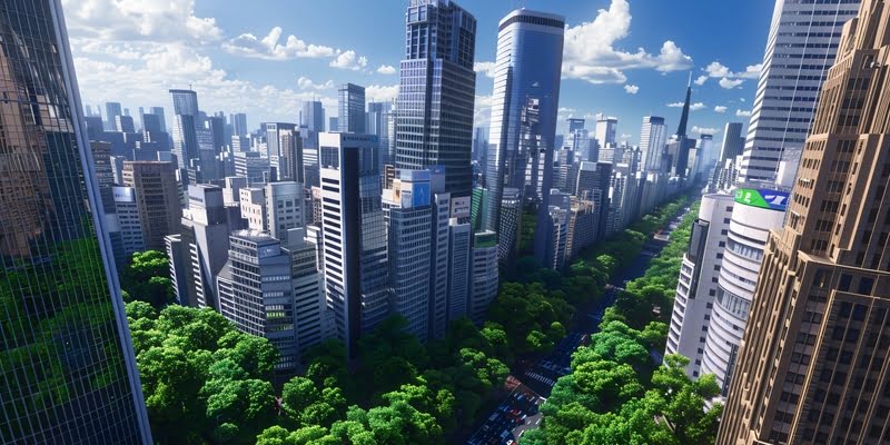 Vista aérea de cidade moderna após processo de consultoria ambiental